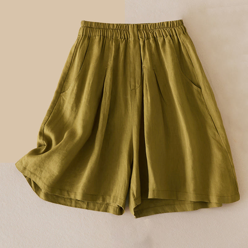 Buddha Stonesカジュアル 無地 コットンリネン レディース ショートパンツ ポケット付き - 黄緑 - US12、 UK/AU16、 EU44 (3XL) - image 9