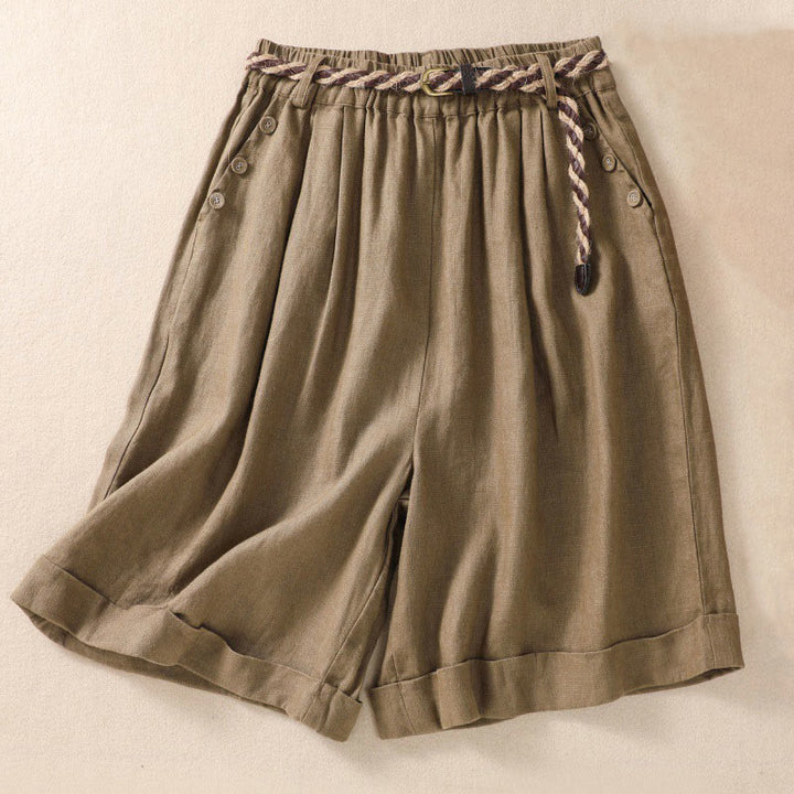 Buddha Stonesカジュアル 無地 ターンアップ カフ ベルト コットン リネン レディース ショートパンツ ポケット付き - ダークカーキ - US8-10，UK/AU12-14，EU40-42 (2XL) - image 0