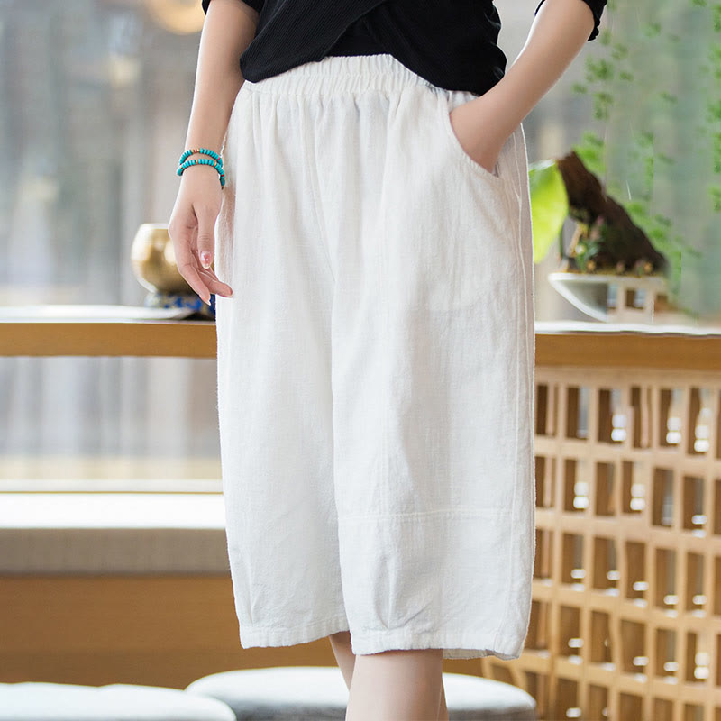 Buddha Stonesカジュアル 無地 コットン ラミー レディース ショートパンツ ポケット付き - 白 - US4-6、 UK/AU8-10、 EU36-38 (F) - image 6