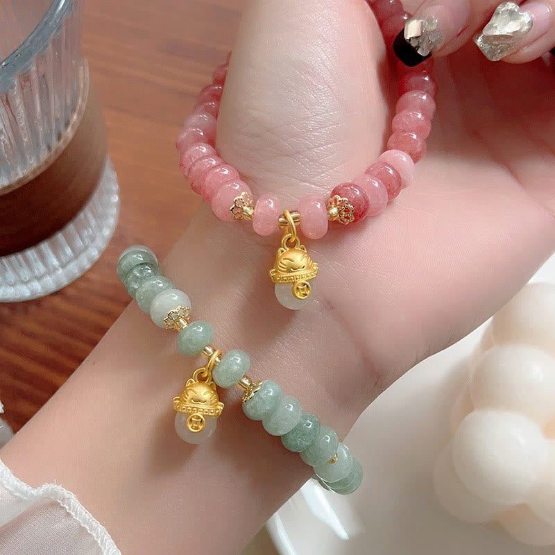 Buddha Stonesストロベリークォーツ シアン翡翠 幸運の猫ビーズ ヒーリングブレスレット - image 19