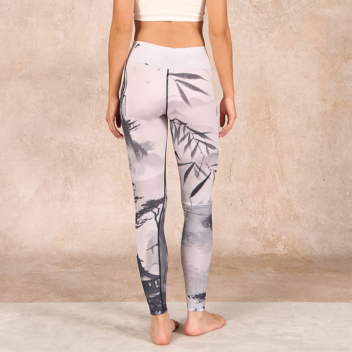 Buddha Stones、インク、竹、松、山のプリントジムレギンス、レディースヨガパンツ - image 10