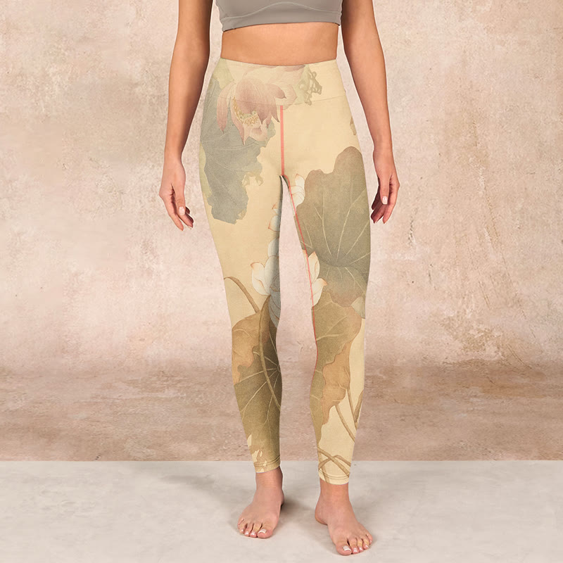 Buddha Stones、蓮の花、葉のプリントジムレギンス、レディースヨガパンツ - image 1
