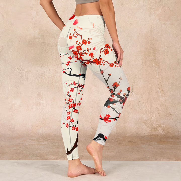 Buddha Stonesと赤い梅の花が咲くプリントのジムレギンス レディース ヨガパンツ - image 3