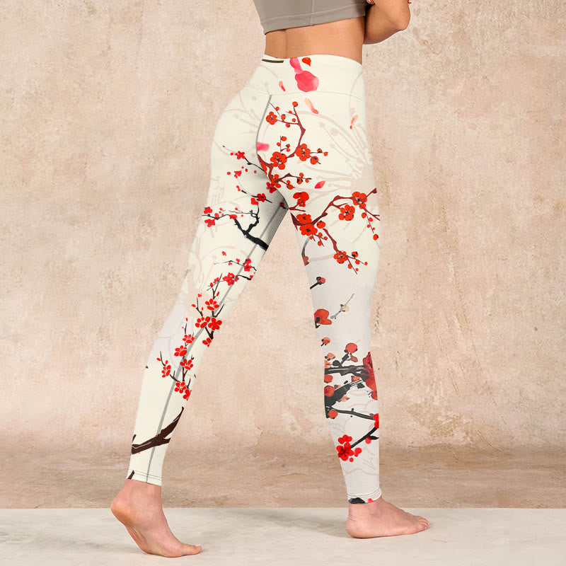 Buddha Stonesと赤い梅の花が咲くプリントのジムレギンス レディース ヨガパンツ - image 5