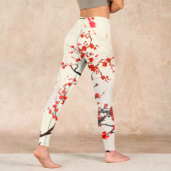 Buddha Stonesと赤い梅の花が咲くプリントのジムレギンス レディース ヨガパンツ - image 5