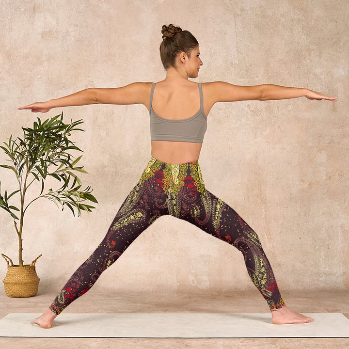 Buddha Stones赤茶色のカシューナッツフラワーつる柄プリント ジムレギンス レディース ヨガパンツ - image 10