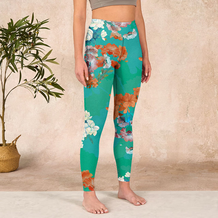 Buddha Stonesグリーン オレンジ ベージュ 花柄 ジムレギンス レディース ヨガパンツ - image 4