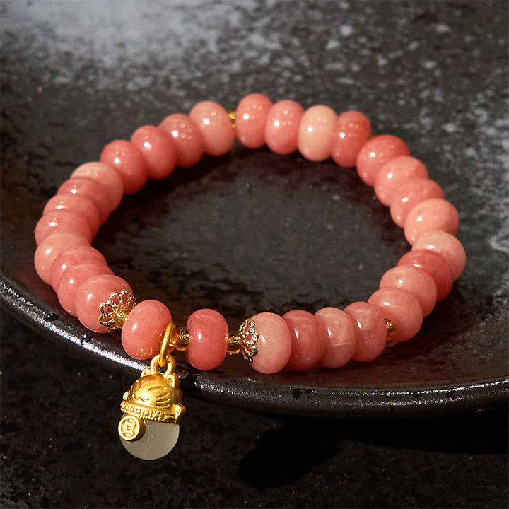 Buddha Stonesストロベリークォーツ シアン翡翠 招き猫ビーズ ヒーリングブレスレット - image 5