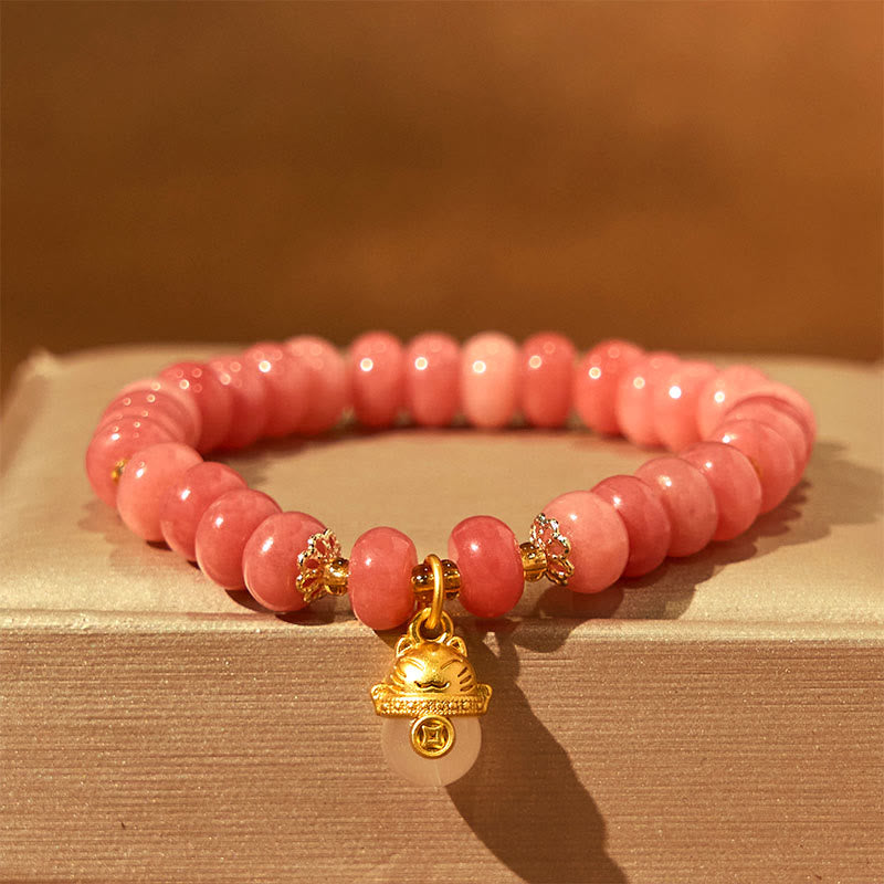 Buddha Stonesストロベリークォーツ シアン翡翠 幸運の猫ビーズ ヒーリングブレスレット - ストロベリークォーツ（手首周り：15～16cm） - image 1