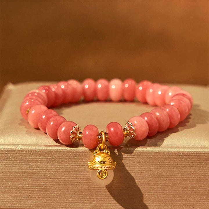 Buddha Stonesストロベリークォーツ シアン翡翠 幸運の猫ビーズ ヒーリングブレスレット - ストロベリークォーツ（手首周り：15～16cm） - image 1