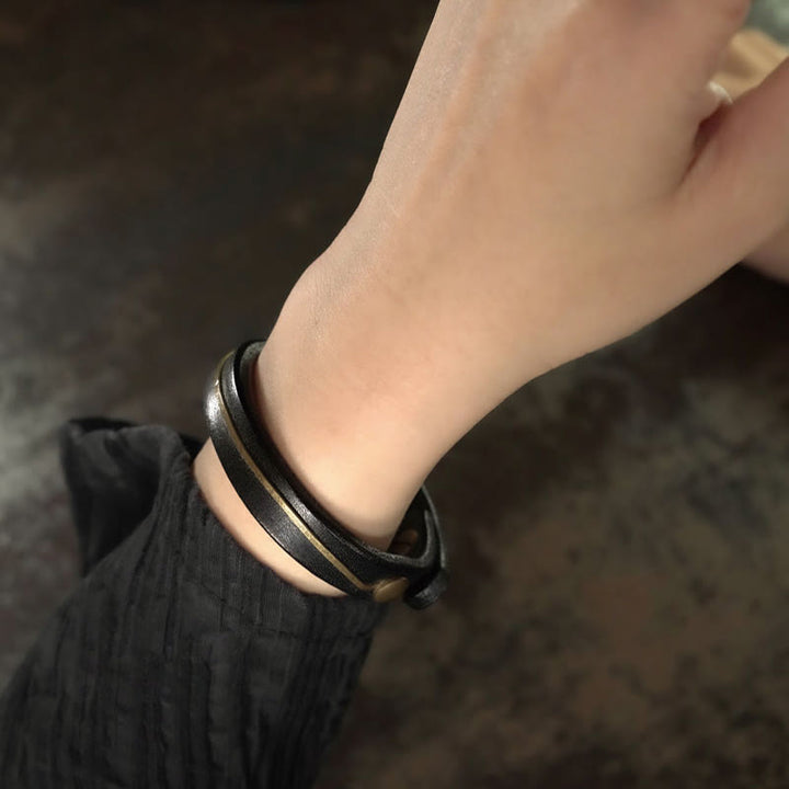 Buddha Stonesヴィンテージレザー 銅 真鍮ワイヤー ヒーリングバングルブレスレット