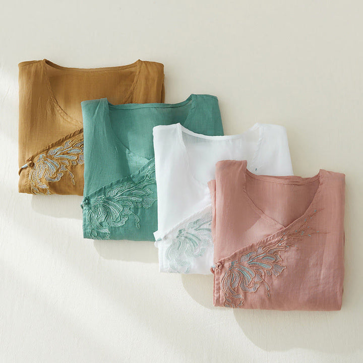 Buddha Stonesカジュアル レディース 刺繍 植物デザイン 七分袖 コットンリネンシャツ - image 26