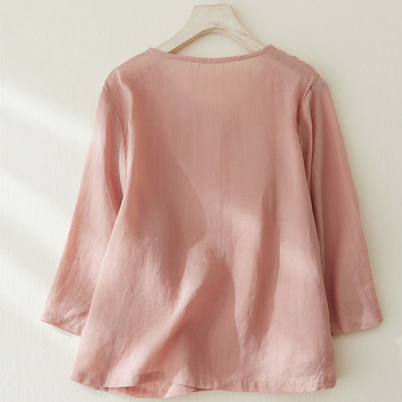 Buddha Stonesカジュアル レディース 刺繍 植物デザイン 七分袖 コットンリネンシャツ - image 1