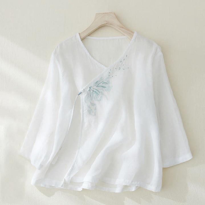 Buddha Stonesカジュアル レディース 刺繍 植物デザイン 七分袖 コットンリネンシャツ - 白 - US8-10，UK/AU12-14，EU40-42 (2XL) - image 7