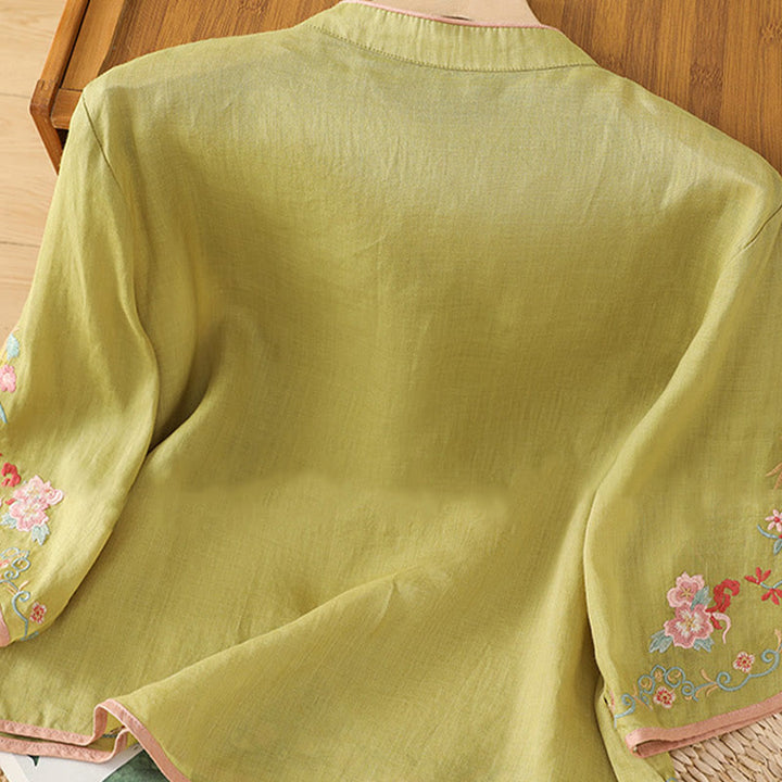 Buddha Stonesカジュアル レディース 刺繍フラワースタンドカラーデザイン 七分袖 コットンリネンシャツ - image 10