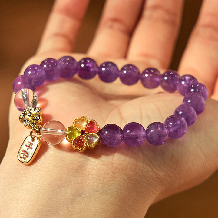 Buddha Stones天然アメジスト ホワイトクリスタル フラワーヒーリング 安全と健康 チャームブレスレット - image 6