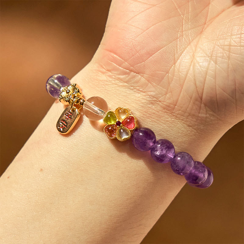 Buddha Stones天然アメジスト ホワイトクリスタル フラワーヒーリング 安全と健康 チャームブレスレット - image 5