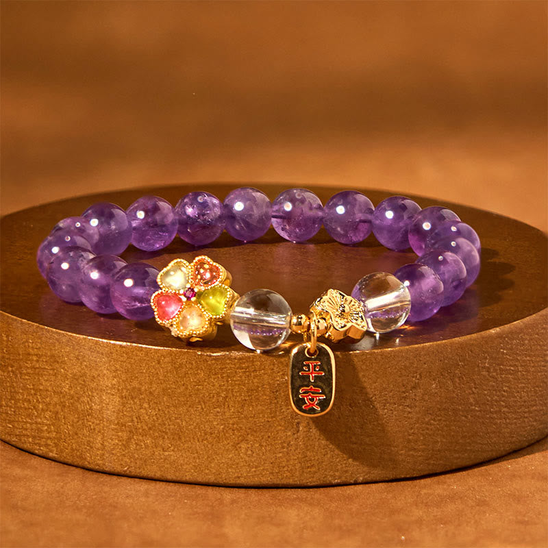 Buddha Stones天然アメジスト ホワイトクリスタル フラワーヒーリング 安全と健康 チャームブレスレット - image 3