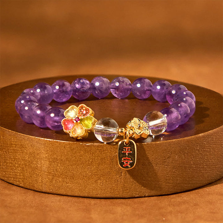 Buddha Stones天然アメジスト ホワイトクリスタル フラワーヒーリング 安全と健康 チャームブレスレット - image 3