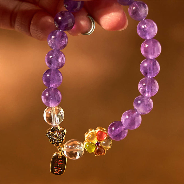 Buddha Stones天然アメジスト ホワイトクリスタル フラワーヒーリング 安全と健康 チャームブレスレット - image 7