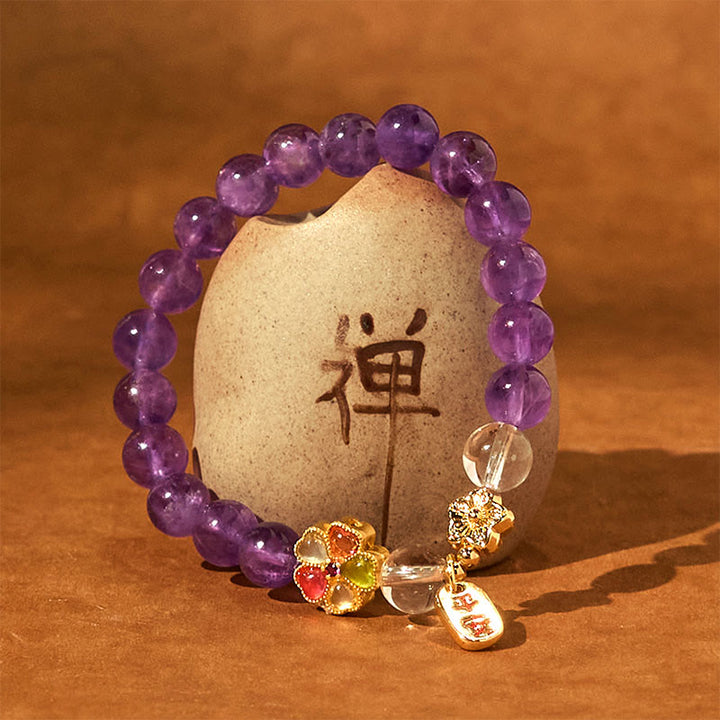 Buddha Stones天然アメジスト ホワイトクリスタル フラワーヒーリング 安全と健康 チャームブレスレット - image 4
