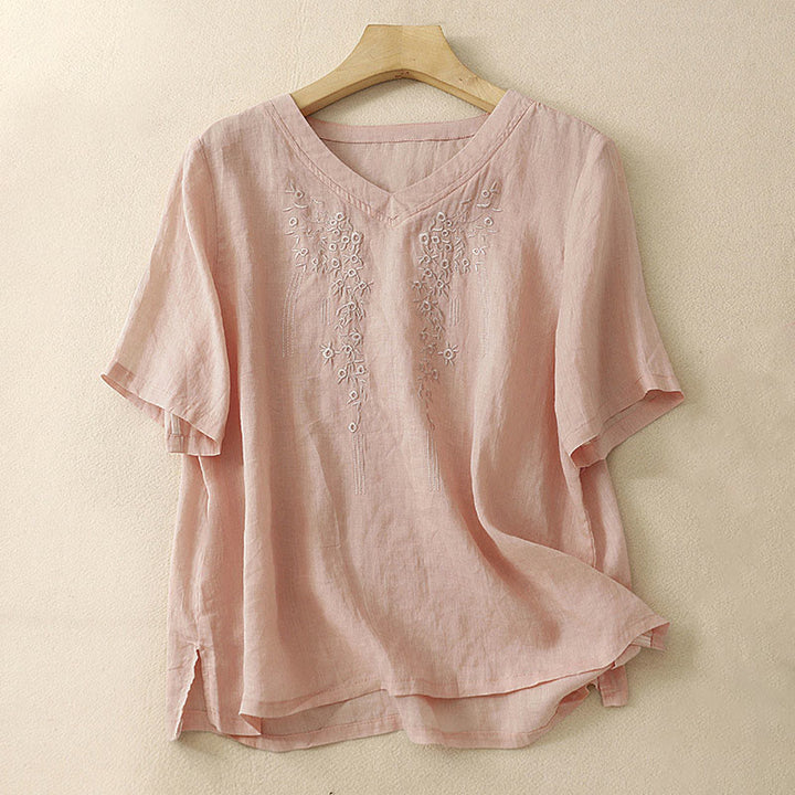 Buddha Stonesカジュアル レディース 刺繍フラワー Vネックデザイン ゆったり 半袖 コットンリネンシャツ - ダークサーモン - US8-10，UK/AU12-14，EU40-42 (2XL) - image 0