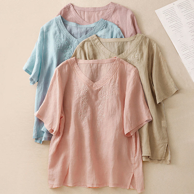 Buddha Stonesカジュアル レディース 刺繍フラワー Vネックデザイン ゆったり 半袖 コットンリネンシャツ - image 29