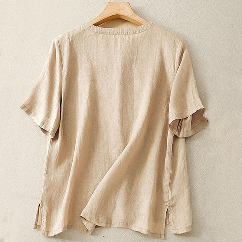 Buddha Stonesカジュアル レディース 刺繍フラワー Vネックデザイン ゆったり 半袖 コットンリネンシャツ - image 13