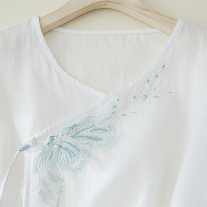 Buddha Stonesカジュアル レディース 刺繍 植物デザイン 七分袖 コットンリネンシャツ - image 9