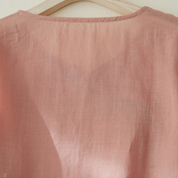 Buddha Stonesカジュアル レディース 刺繍 植物デザイン 七分袖 コットンリネンシャツ - image 3