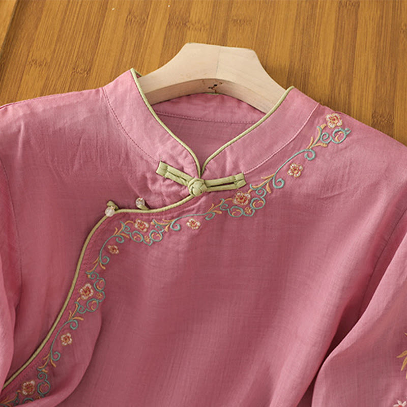 Buddha Stonesカジュアル レディース 刺繍フラワースタンドカラーデザイン 七分袖 コットンリネンシャツ - image 16