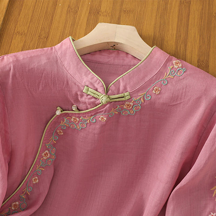 Buddha Stonesカジュアル レディース 刺繍フラワースタンドカラーデザイン 七分袖 コットンリネンシャツ - image 16