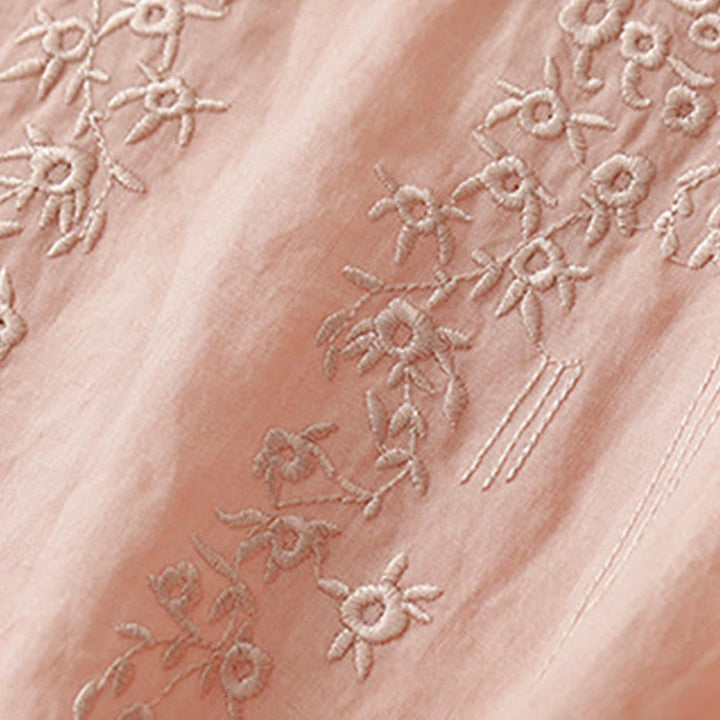 Buddha Stonesカジュアル レディース 刺繍フラワー Vネックデザイン ゆったり 半袖 コットンリネンシャツ - image 2