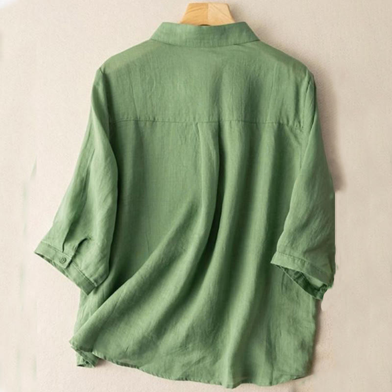 Buddha Stonesカジュアル レディース 刺繍 スタンドカラー ハーフスリーブデザイン コットンリネンシャツ - image 1