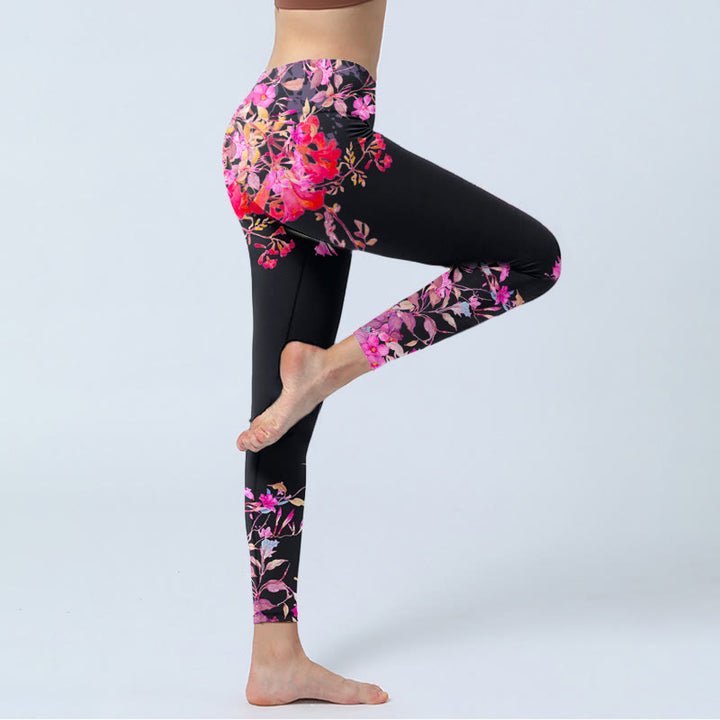 Buddha Stonesブラック ピンク 花柄 葉っぱプリント ジムレギンス レディース ヨガパンツ - image 5