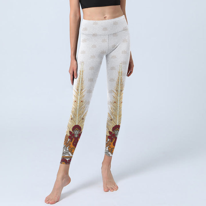 Buddha Stonesホワイト アブストラクト 蓮の花 プリント ジムレギンス レディース ヨガパンツ - image 6