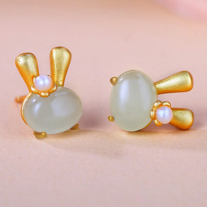 Buddha Stones 925スターリングシルバー 天然和田翡翠 キュートなウサギの真珠のイヤリング