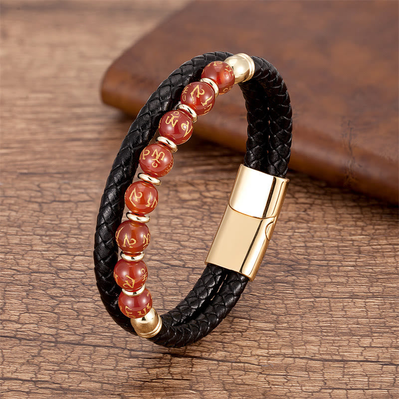 Buddha Stonesブラックオニキス ターコイズ タイガーアイ レッドアゲートオーム・マニ・パドメ・フム強さ レザーブレスレット