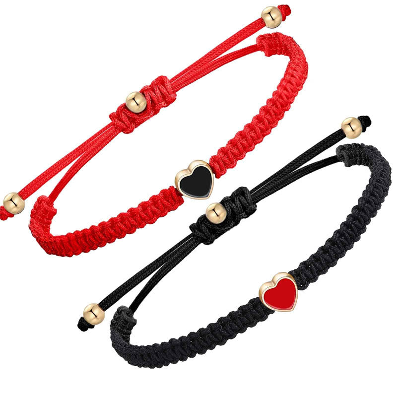 Buddha Stones2個 ハンドメイド 編み込みロープ ラブハート 幸運 カップルブレスレット