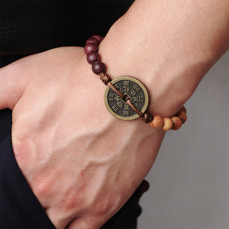 Buddha Stones、黒檀、ウェンジ材、山の幽霊、お金を使う八卦銅貨、平和のブレスレット