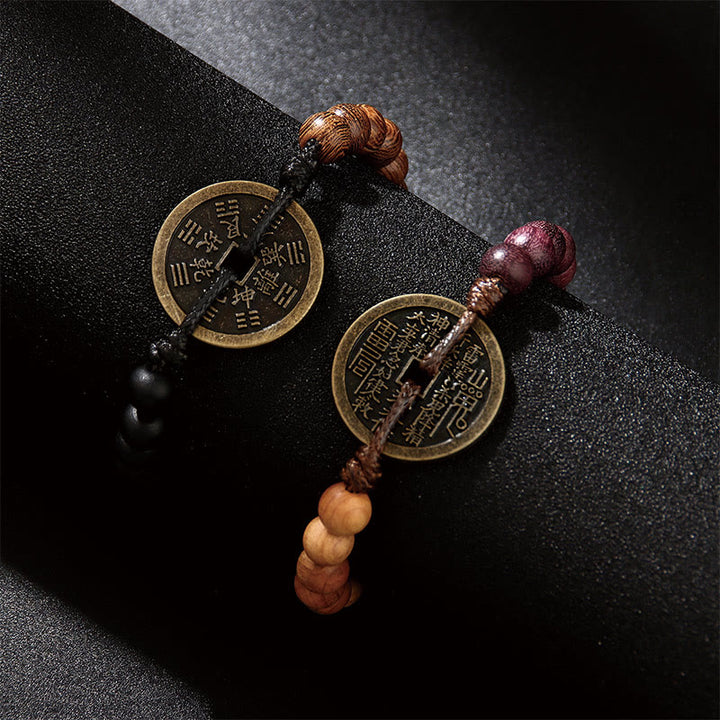 Buddha Stones、黒檀、ウェンジ材、山の幽霊、お金を使う八卦銅貨、平和のブレスレット