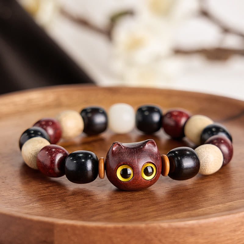Buddha Stones小葉紫檀黒檀かわいい猫 彫刻守護ブレスレット - image 2