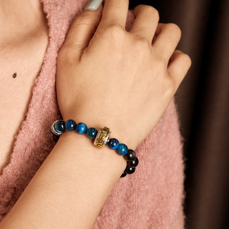 Buddha Stonesシルバーシーンオブシディアン ブルータイガーオーム・マニ・パドメ・フム守護ブレスレット