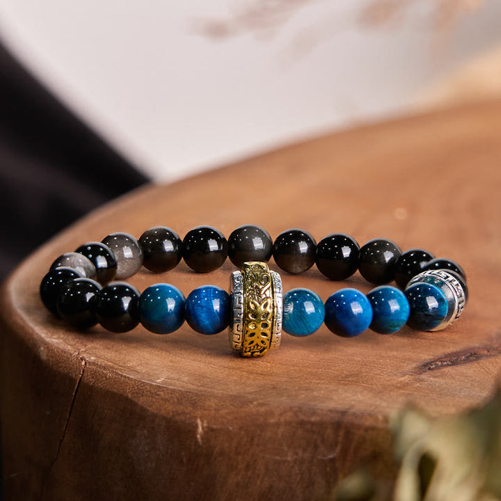 Buddha Stonesシルバーシーンオブシディアン ブルータイガーオーム・マニ・パドメ・フム守護ブレスレット
