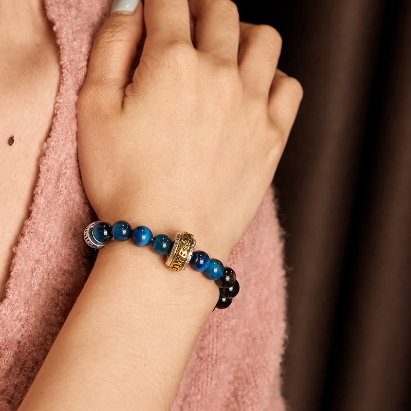 Buddha Stonesシルバーシーンオブシディアン ブルータイガーオーム・マニ・パドメ・フム守護ブレスレット