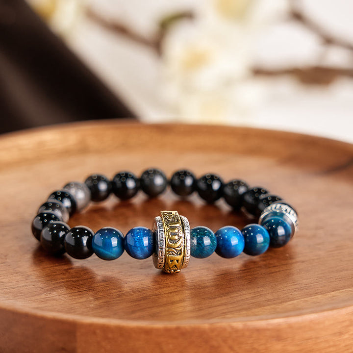 Buddha Stonesシルバーシーンオブシディアン ブルータイガーオーム・マニ・パドメ・フム守護ブレスレット