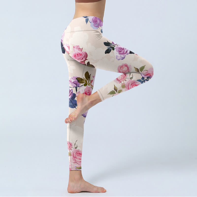 Buddha Stonesベージュ ローズフラワープリント ジムレギンス レディース ヨガパンツ - image 4