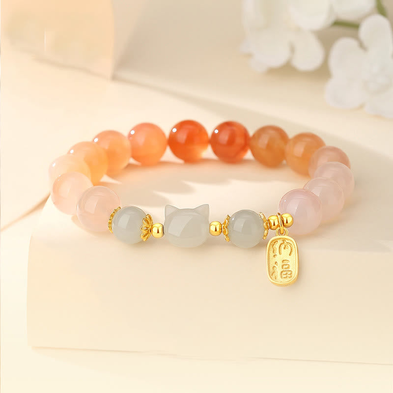 Buddha Stones 925スターリングシルバー レッドアゲート 和田翡翠 猫福キャラクター 自信ブレスレット - 赤瑪瑙（手首周り：15～17cm） - image 0