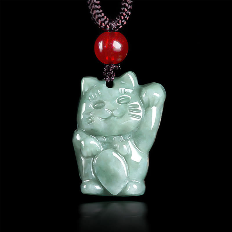 Buddha Stones 翡翠 幸運を招く猫モチーフ 豊穣の象徴 ネックレス - 豆グリーンジェイド - image 1