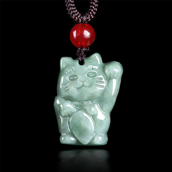 Buddha Stones 翡翠 幸運を招く猫モチーフ 豊穣の象徴 ネックレス - 豆グリーンジェイド - image 1
